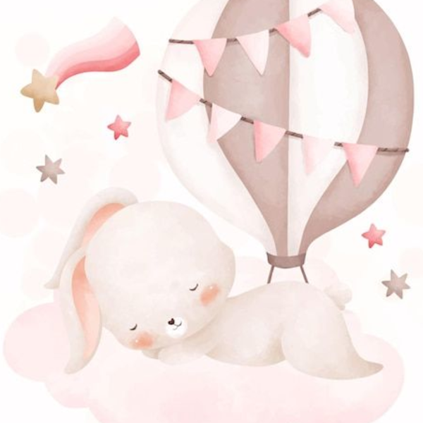 Lámina Conejo durmiendo sobre nube rosa