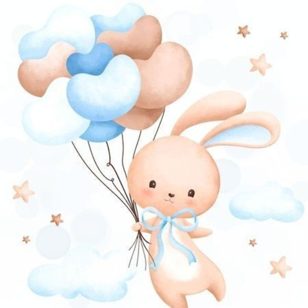 Lámina Conejo con globos de corazones azules