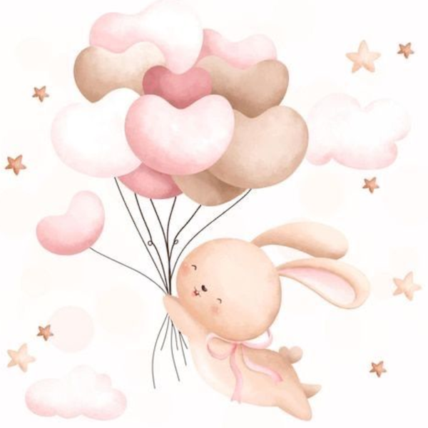 Lámina Conejo con globos de corazones rosas