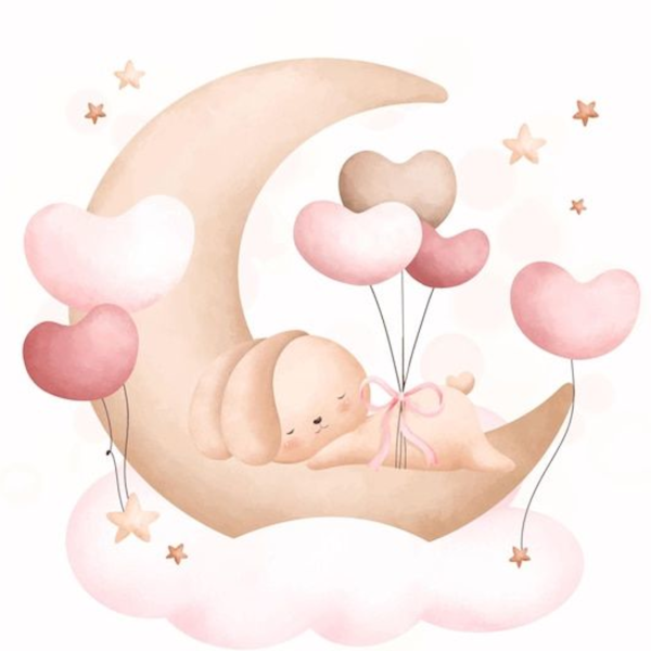 Lámina Conejo durmiendo sobre luna y nube