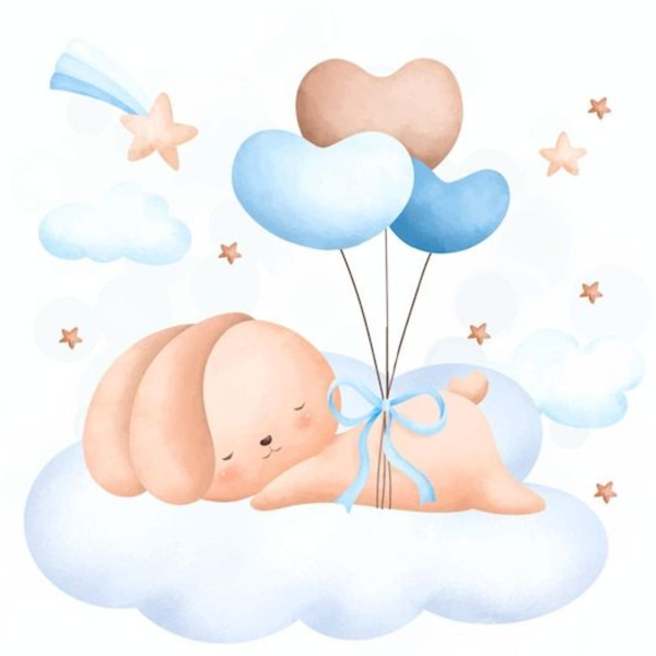 Lámina Conejo durmiendo sobre nube y globos