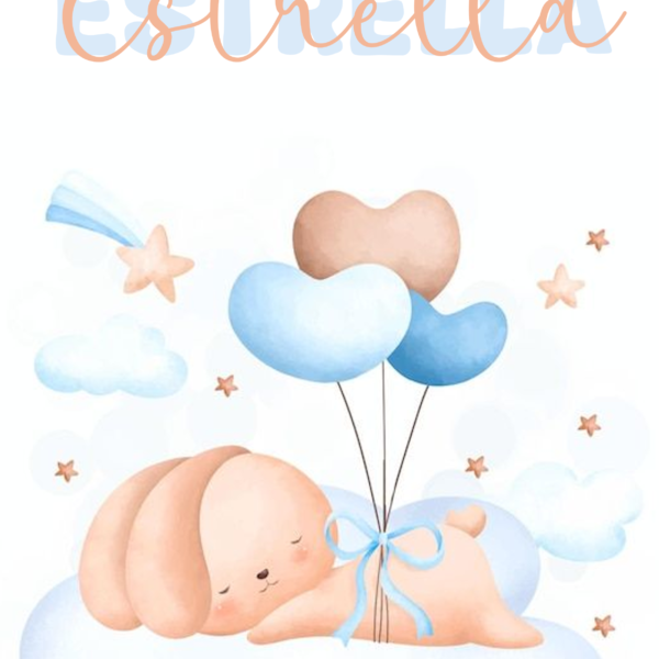 Lámina Conejo durmiendo sobre nube y globos con nombre