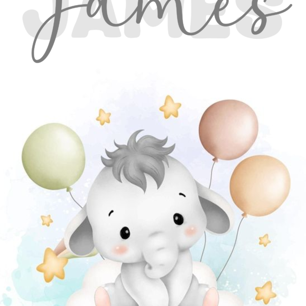 Lámina Elefante sobre Nube y Globos con nombre