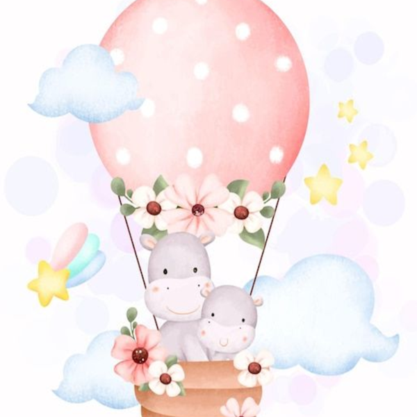 Lámina Hipopótamos en Globo Aerostático