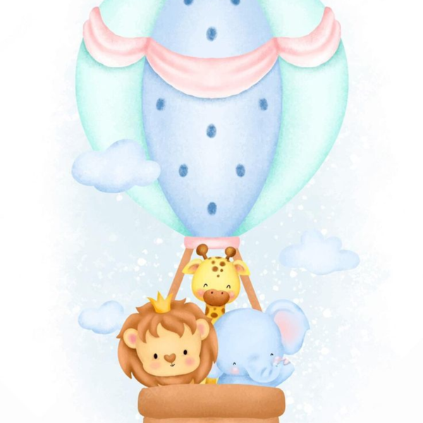 Lámina León, Jirafa y Elefante en Globo Aerostático
