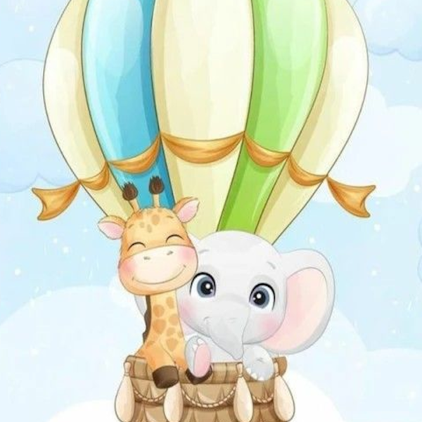 Lámina Jirafa y Elefante en Globo Aerostático