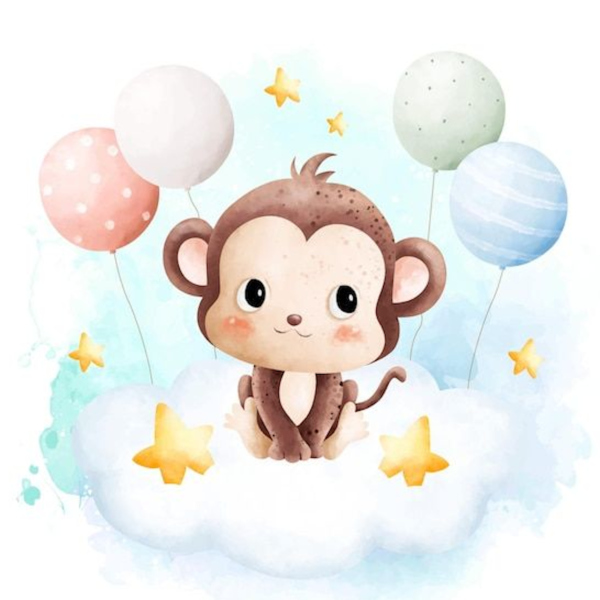 Lámina Mono sobre Nube y Globos