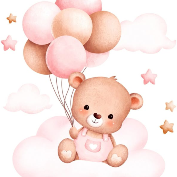 Lámina Oso sobre Nube y Globos Rosas